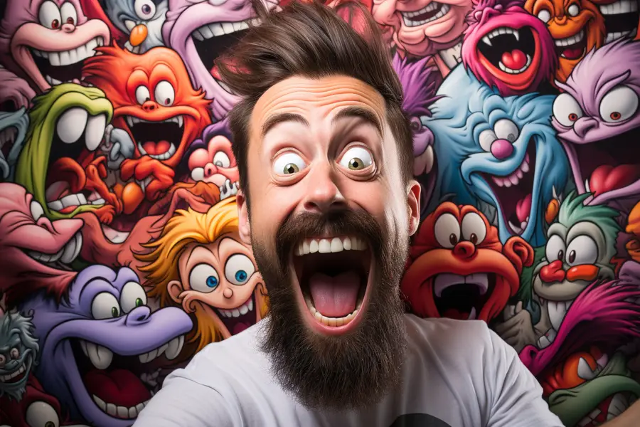 Auteur dessinant un strip humoristique sur tablette et carnet
