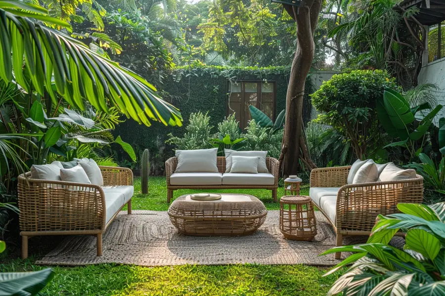 Terrasse française aménagée avec table bois, fauteuils aluminium et coussins neutres