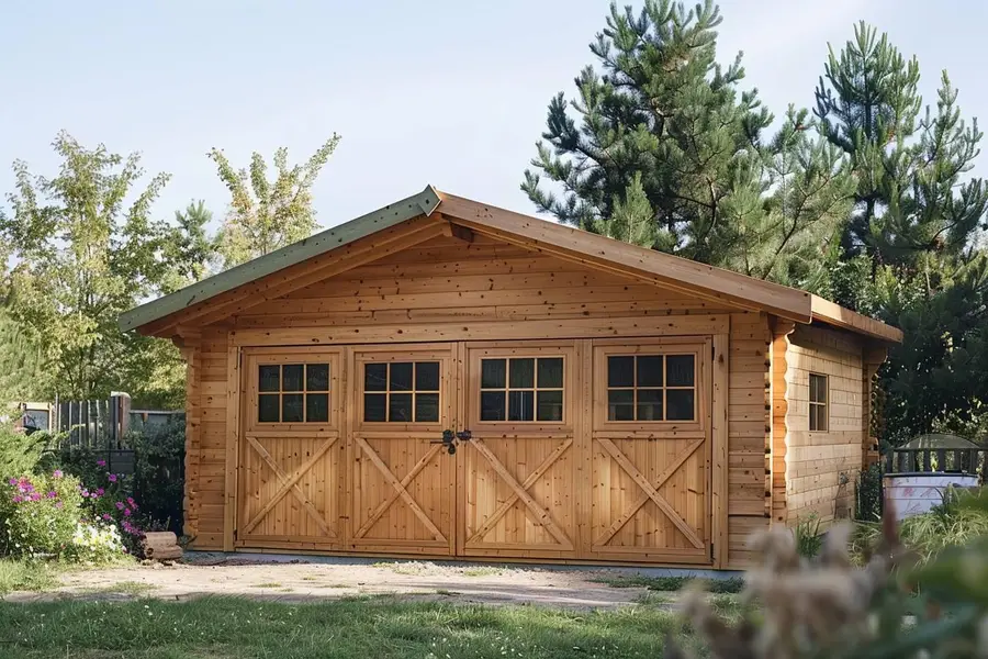 Abri de jardin en bois sur dalle dans un jardin français