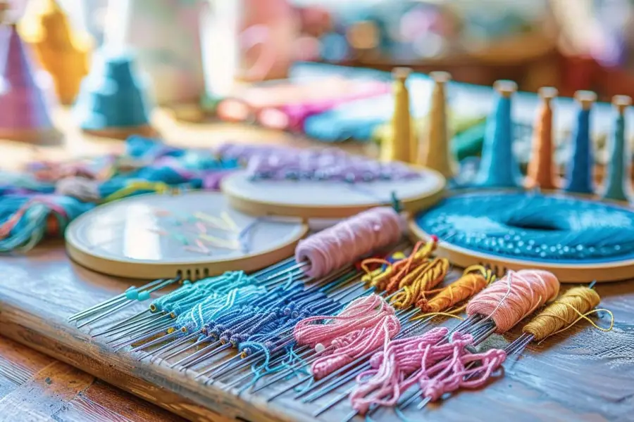 Mains brodant un motif végétal sur une housse de coussin écrue