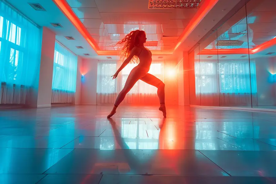 Danseurs amateurs souriants pratiquant des pas simples dans une salle lumineuse