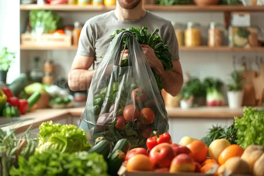 Liste de courses, légumes de saison et bocaux sur une table