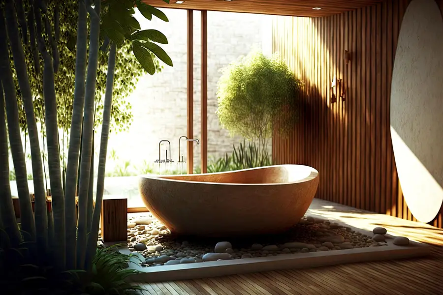 Salle de bain lumineuse aux tons sable, bois clair et miroir rond