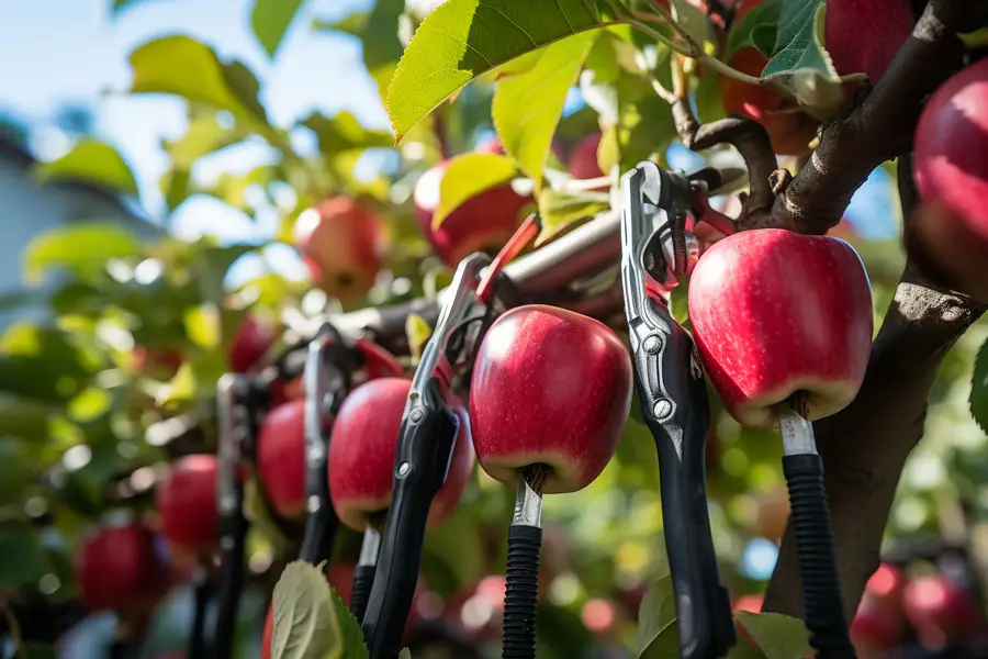 Jardinier taillant un pommier dans un verger naturel au printemps