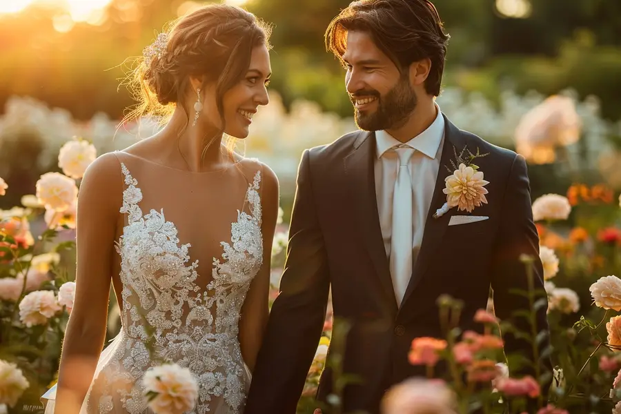 Couple découvrant un album photo de mariage avec ses proches