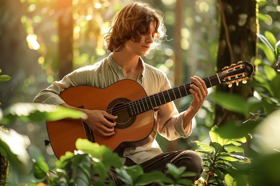 Personne écoutant une guitare acoustique dans un salon calme