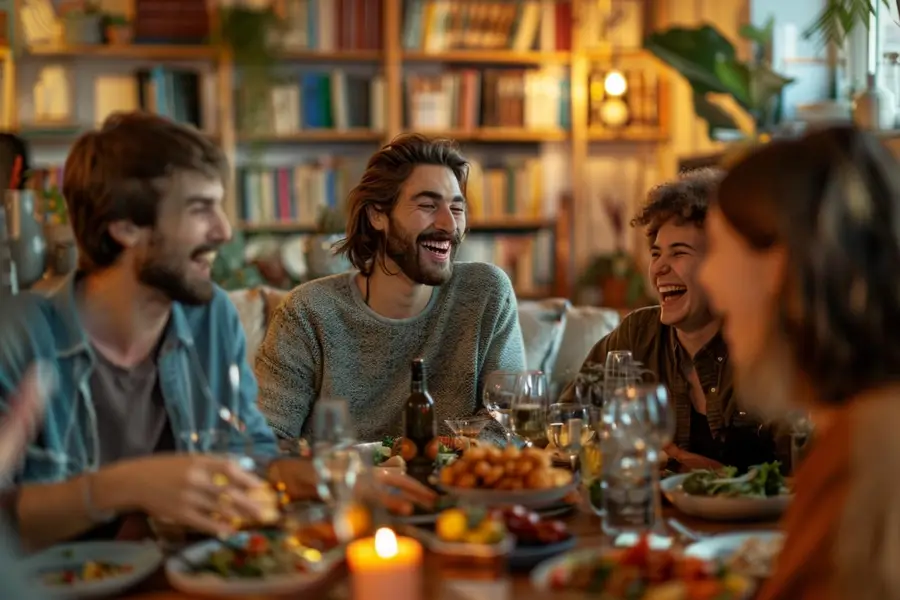 Groupe d’amis adultes riant autour d’une table de cuisine