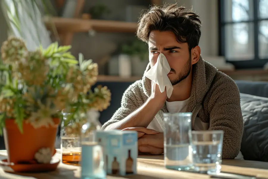 Adulte assis comprimant doucement son nez avec un mouchoir
