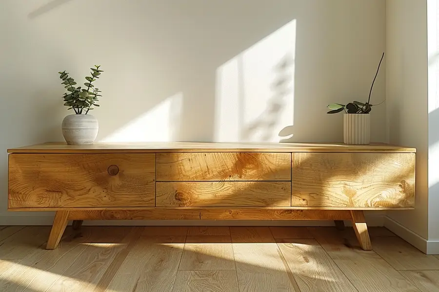 Meuble TV bas en chêne clair dans un salon lumineux