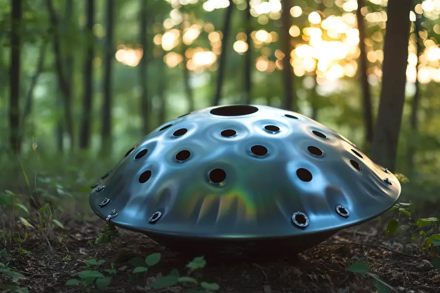 Musicien testant soigneusement les notes d’un handpan en lumière naturelle