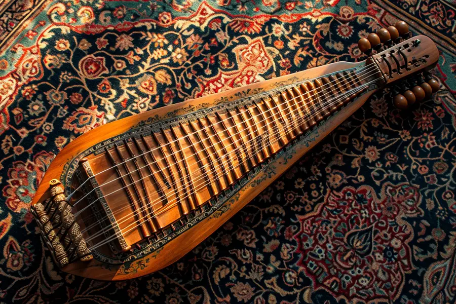 Santoor traditionnel posé sur établi avec maillets et clé d’accord