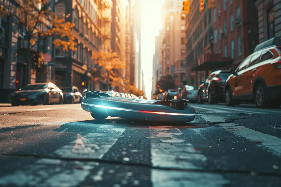 Hoverboard noir posé sur une piste cyclable urbaine française