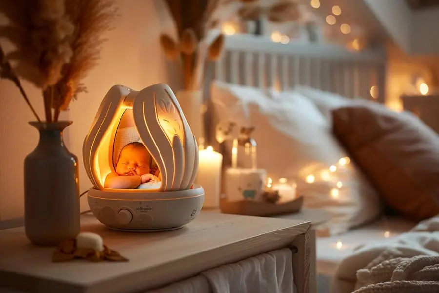 Caméra babyphone connectée posée sur étagère dans chambre sécurisée
