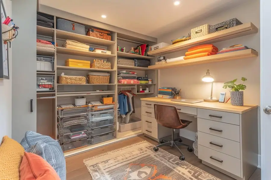 Bureau compact installé dans une penderie ouverte et lumineuse
