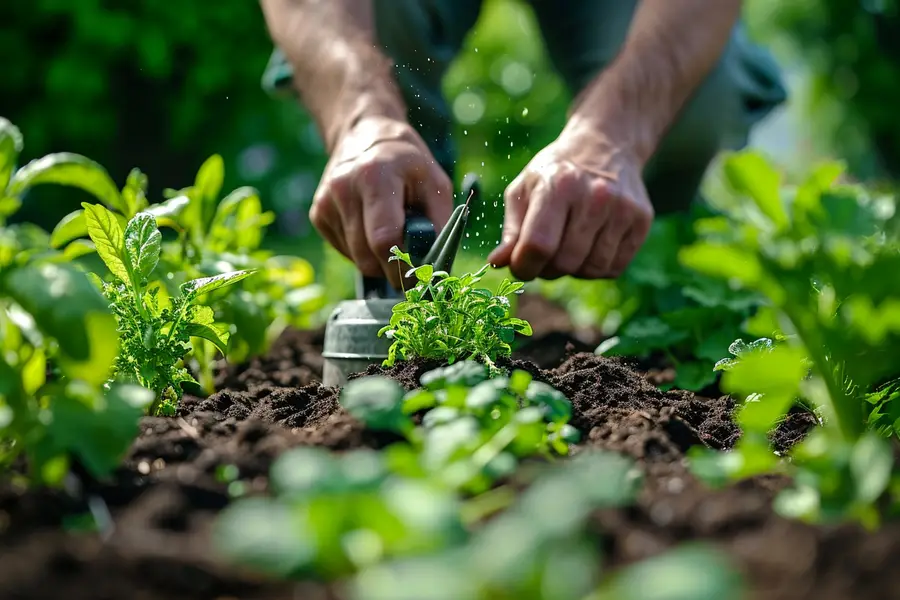 Potager familial ensoleillé avec légumes, aromatiques et allées paillées