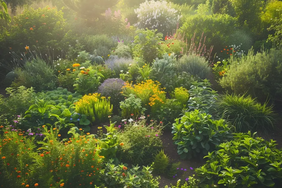 Petit jardin français de plantes comestibles étiquetées, fleuri et paillé