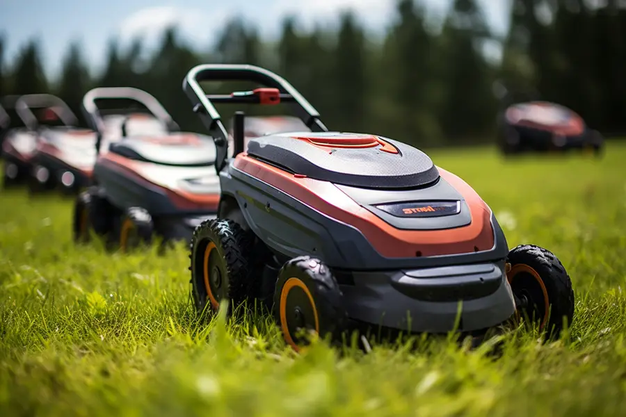 Tondeuse sur batterie nettoyée dans un jardin français au printemps
