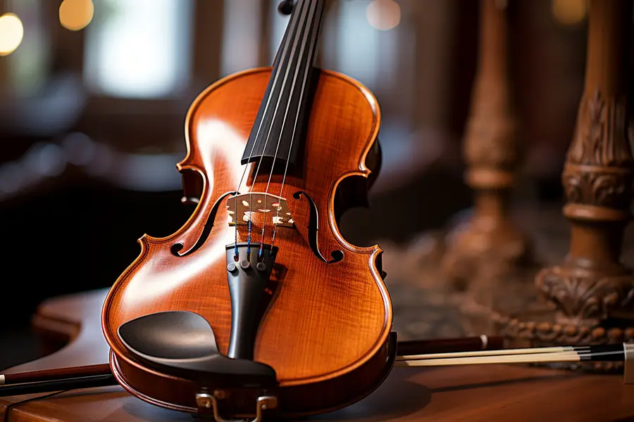 Violon électrique noir, archet et casque dans un studio lumineux