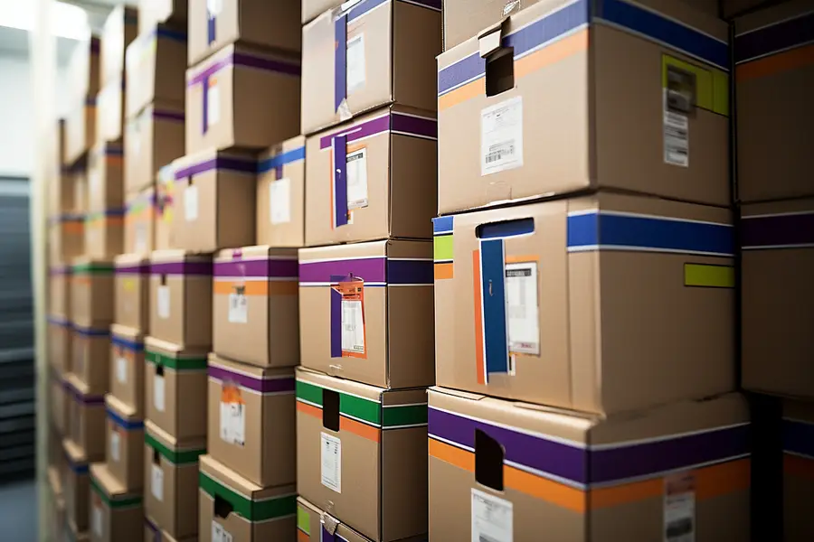 Cartons étiquetés et plan de déménagement sur une table
