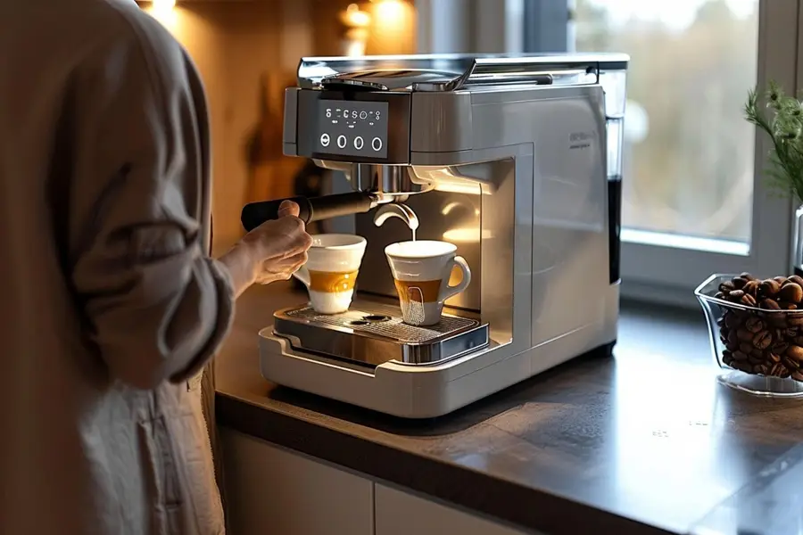 Machine à café propre avec grains, tasse et accessoires d’entretien