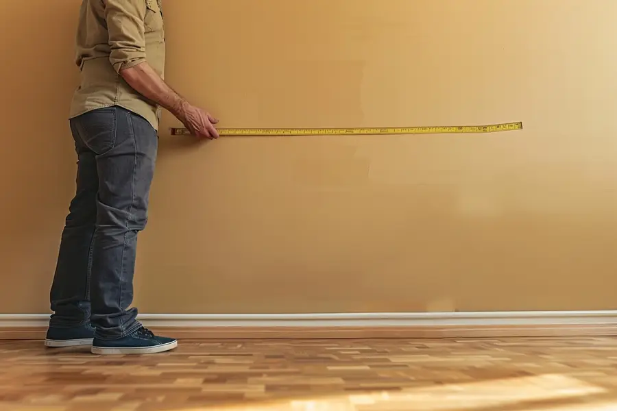 Personne mesurant le sol d’une pièce vide avec un télémètre laser