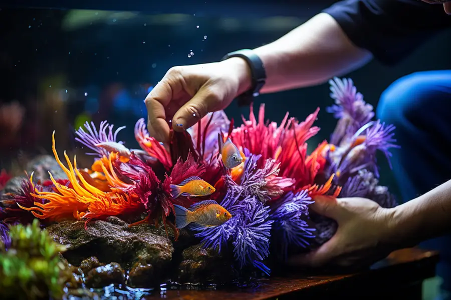Aquarium marin récifal stable avec coraux, roches et poissons tropicaux