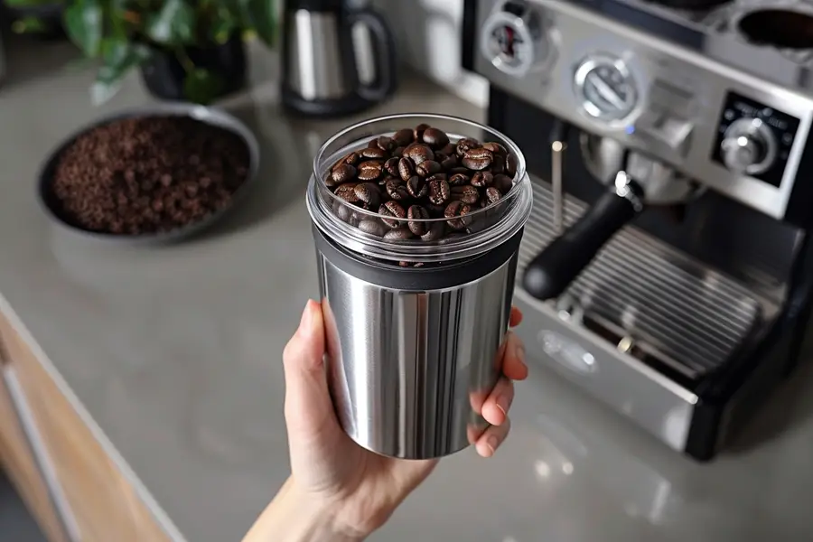 Boîte opaque en inox remplie de café en grain sur un plan de cuisine
