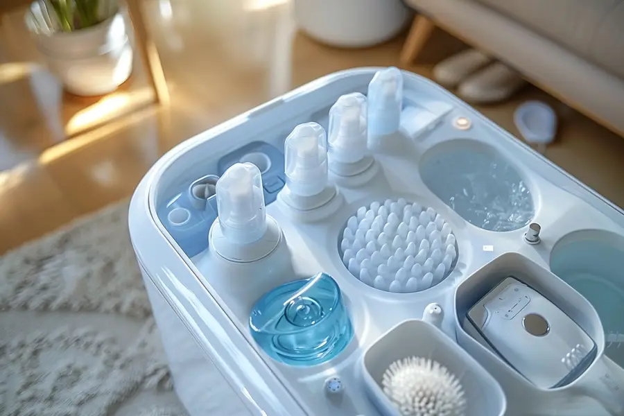 Shampouineuse compacte nettoyant un tapis clair dans un salon français
