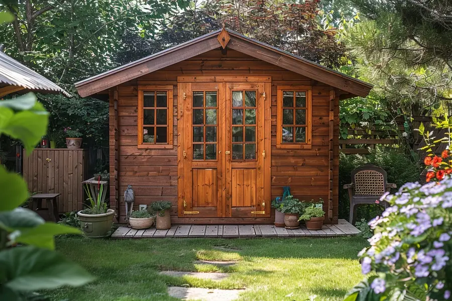 Abri de jardin en bois installé sur dalle dans un jardin français