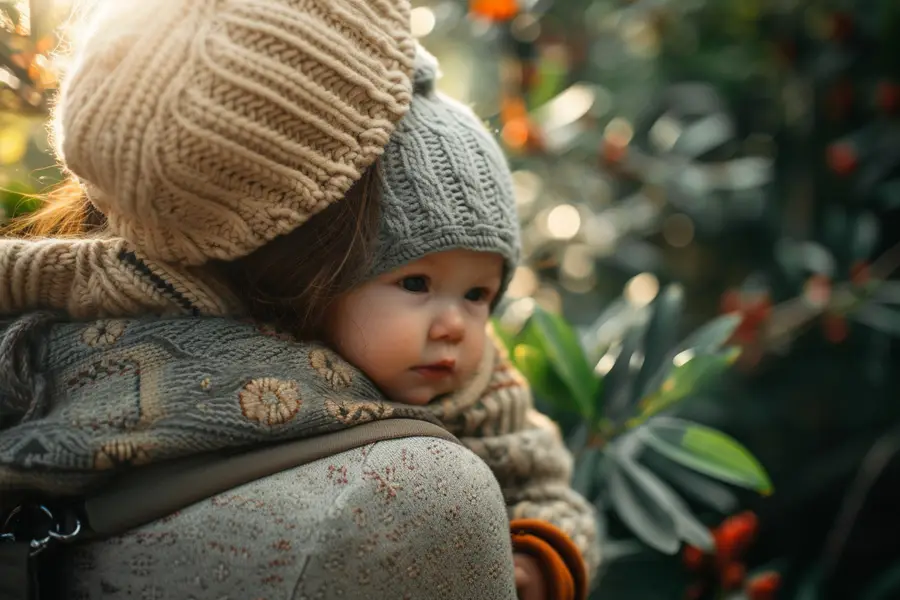Parent portant un jeune enfant sur la hanche avec un filet Tonga