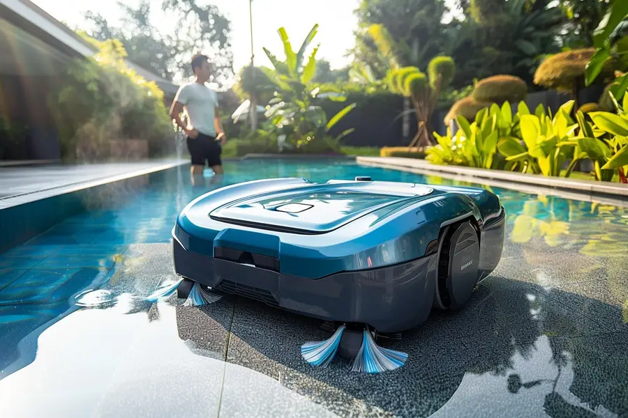 Robot électrique nettoyant le fond d’une piscine familiale en France