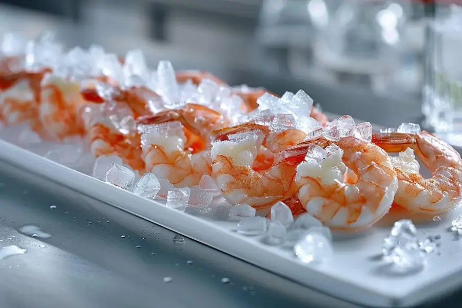 Crevettes crues réparties sur plateau avant congélation maison