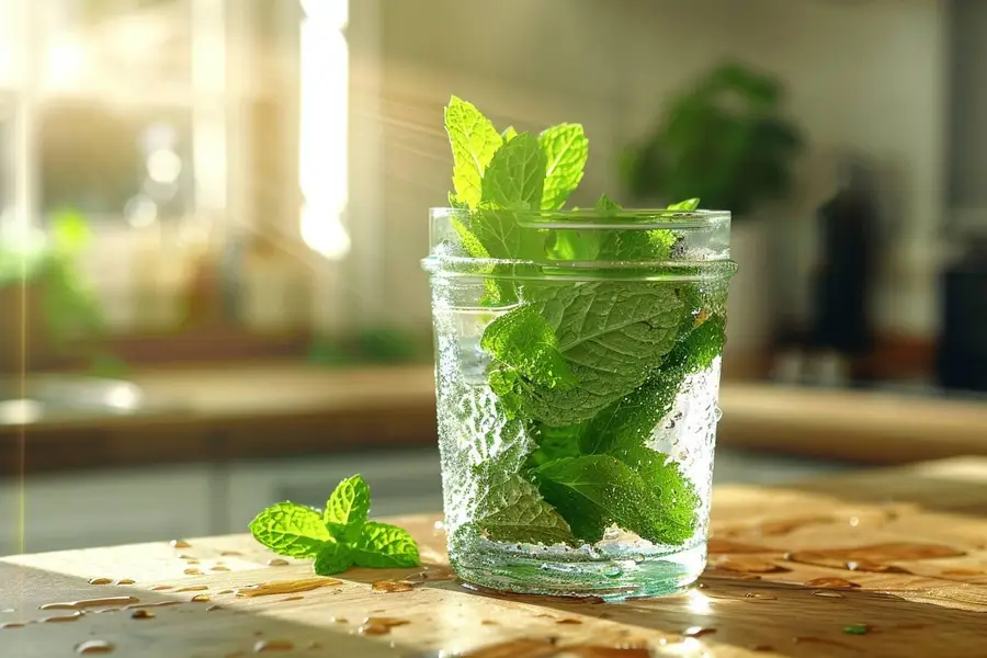 Bouquet de menthe dans un verre d’eau au réfrigérateur