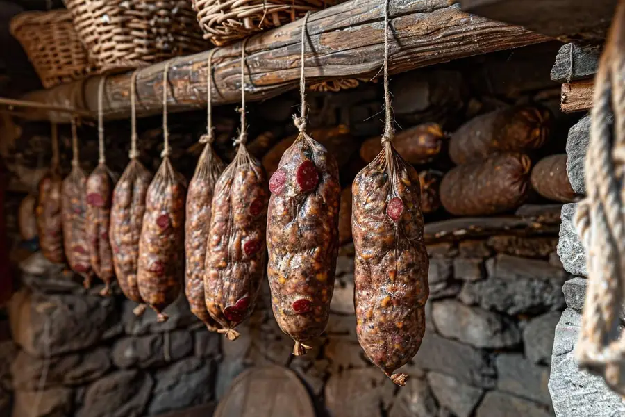 Saucisson sec entier sur papier alimentaire dans un cellier frais