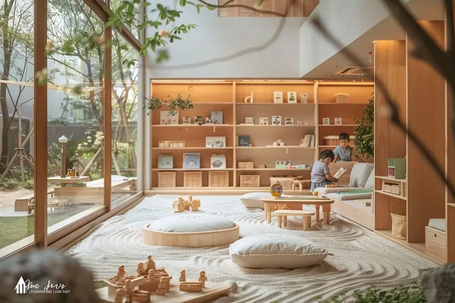 Espace lumineux de micro-crèche Montessori avec mobilier bas et jeux en bois