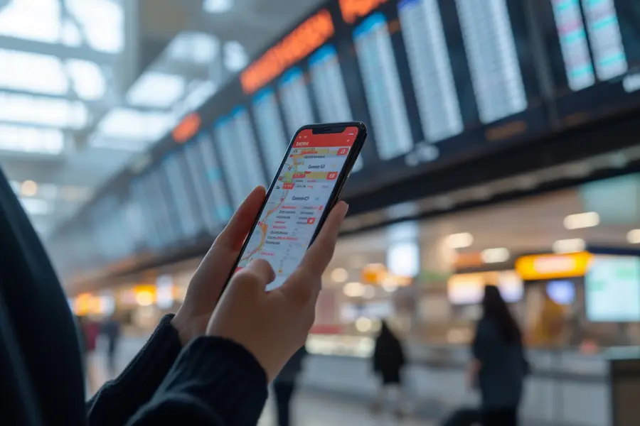 Voyageuse consultant son téléphone devant un tableau de départ d’aéroport