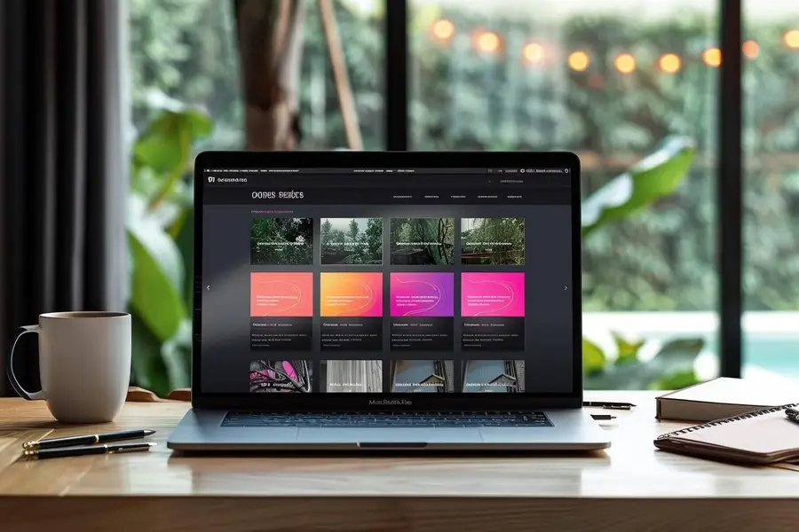 Ordinateur portable présentant un portfolio créatif dans un atelier lumineux