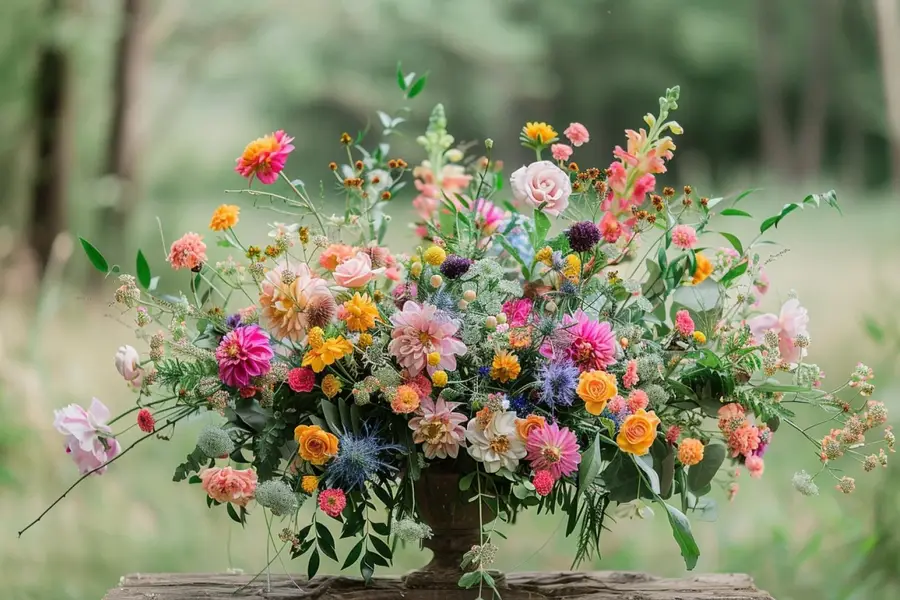 Arche florale bohème installée dans un jardin pour un mariage extérieur