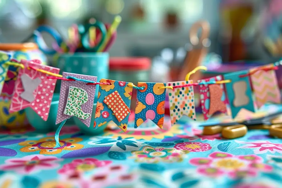 Guirlande de prénom colorée en papier suspendue dans une chambre d’enfant