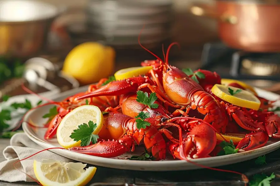 Écrevisses rouges égouttées dans une grande passoire de cuisine
