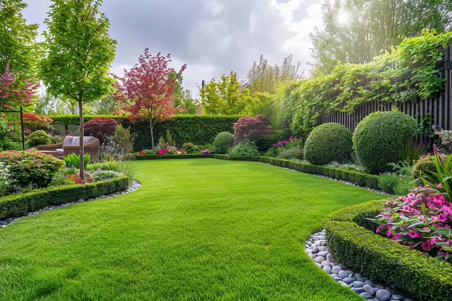 Jardin français structuré en coin repas, salon et potager