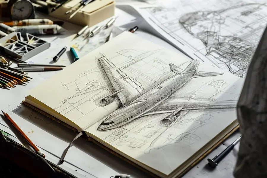 Dessin au crayon d’un avion de ligne sur feuille A4