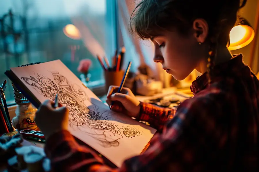 Carnet ouvert montrant les étapes d’un personnage manga au crayon