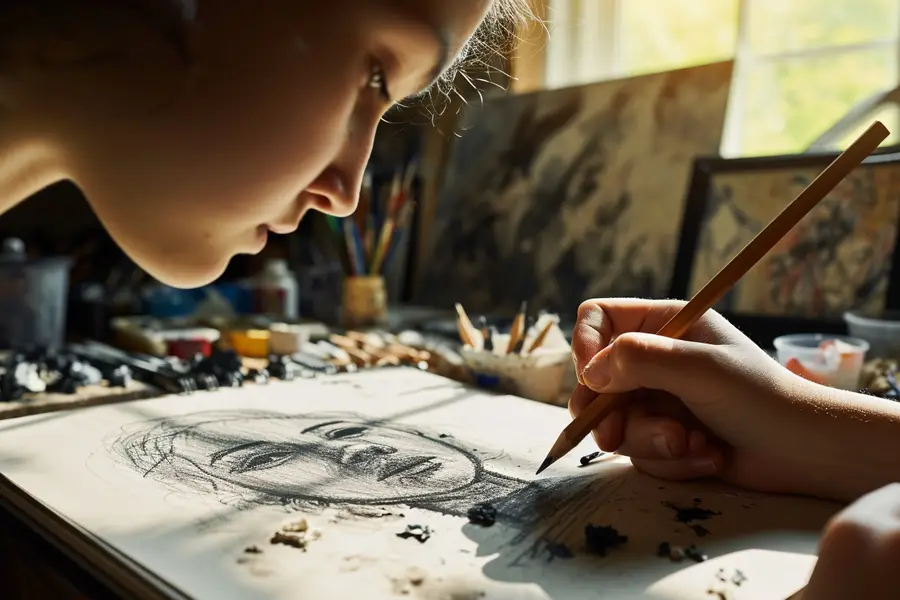 Main dessinant un portrait au graphite sur papier blanc texturé