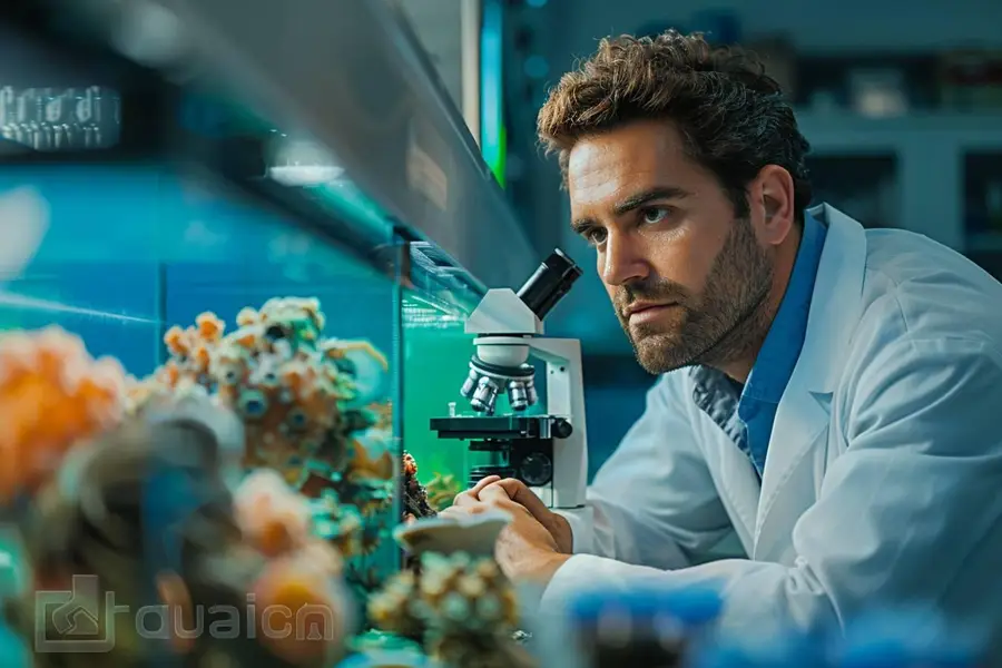 Technicienne de dos analysant des cultures d’algues dans un laboratoire marin