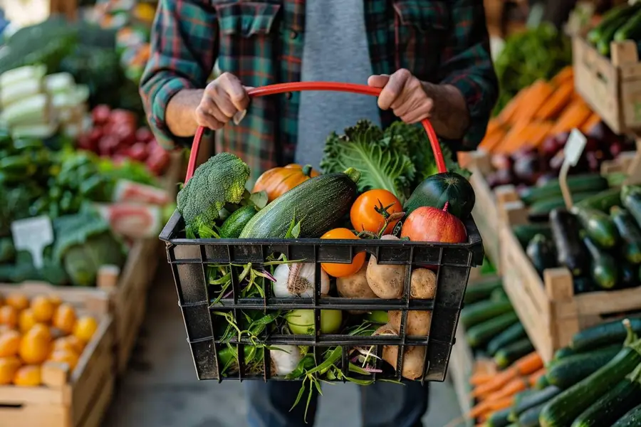 Panier de légumes bio de saison et bocaux de légumineuses