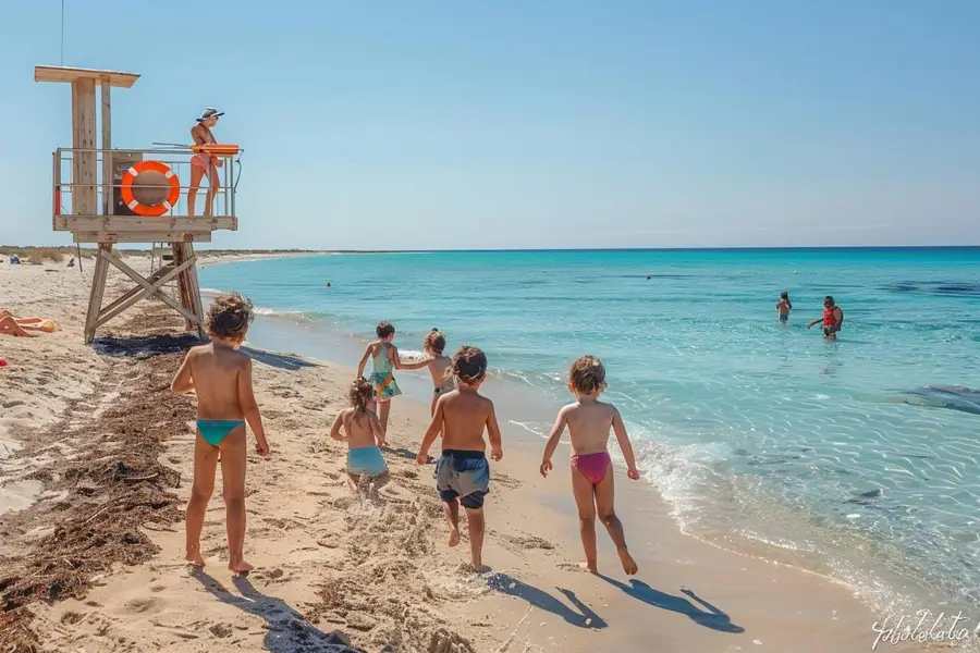 Parent surveillant deux enfants près d’une zone de baignade balisée