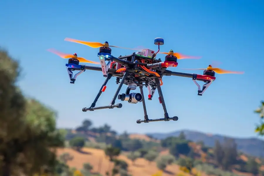 Pilote préparant un drone FPV sur terrain dégagé avant test
