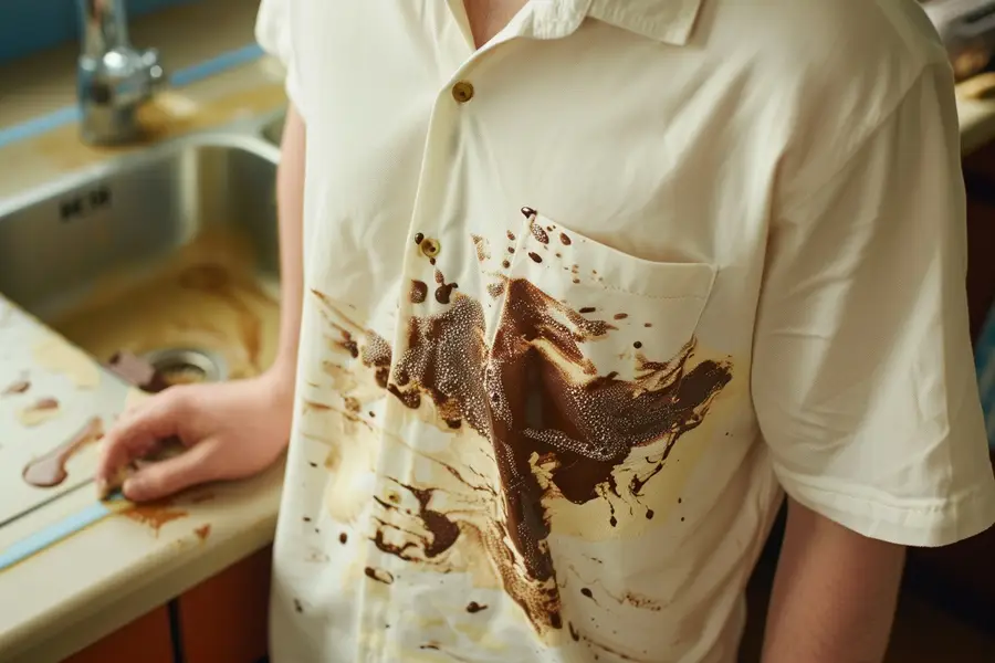 Tache de chocolat sur chemise blanche près de produits de lavage