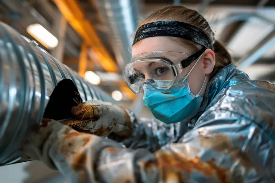 Main gantée brossant un conduit de ventilation métallique démonté